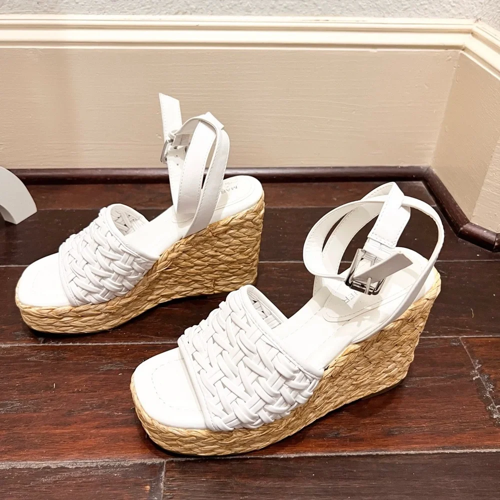 Marc Fisher White Woven Leather Espadrille Wedge Sandals